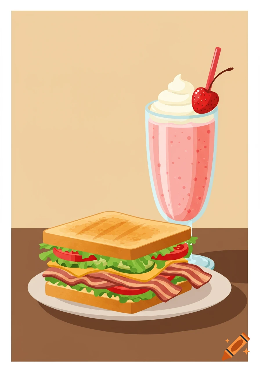 Illustrated BLT sandwich and strawberry milkshake on a table, styled as a cafe poster.