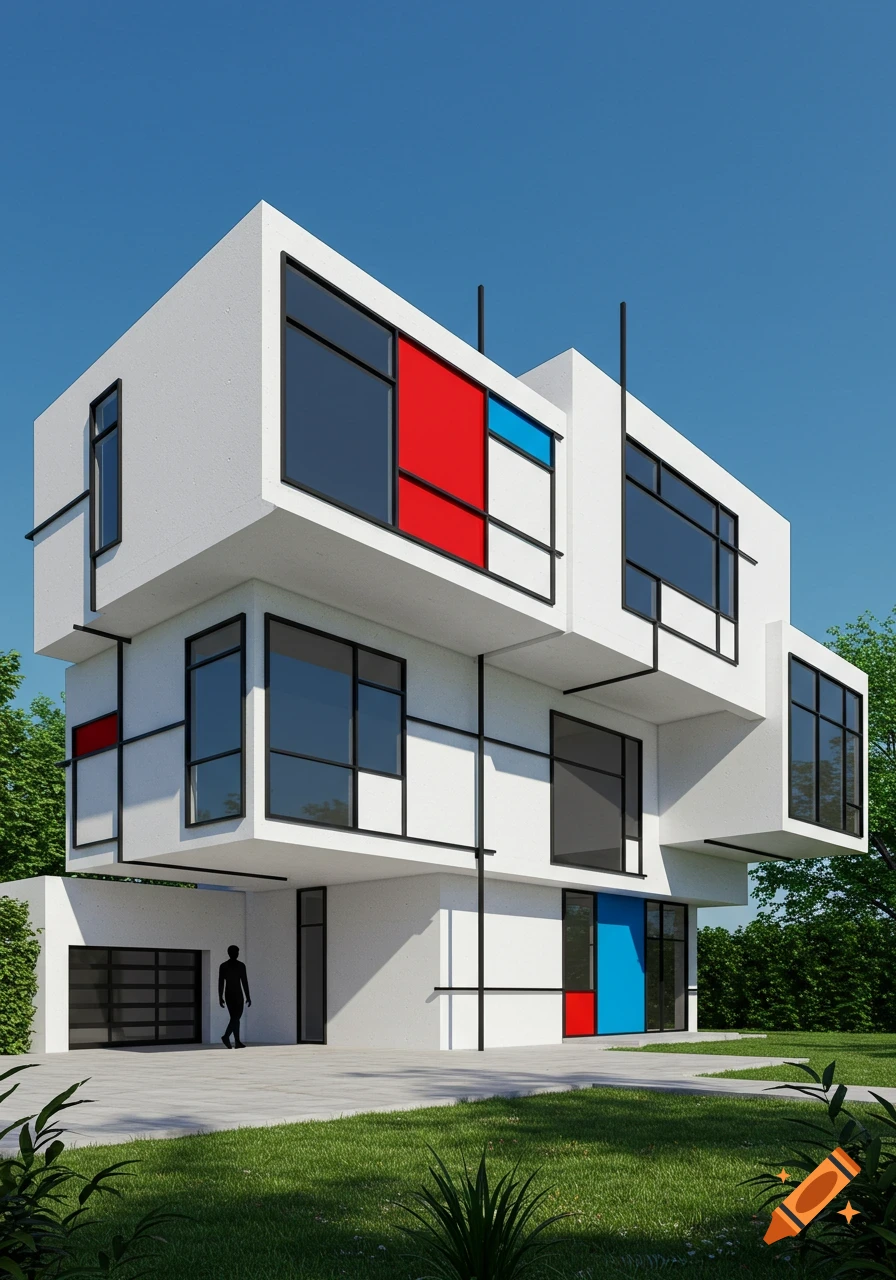 A white, geometric modern house with red and blue panels, inspired by the De Stijl art movement, under a clear blue sky.