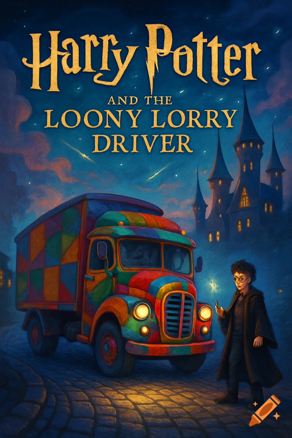 Book cover for 'Harry Potter and the Loony Lorry Driver' featuring Harry with a wand next to a multicolored truck and a castle at dusk.