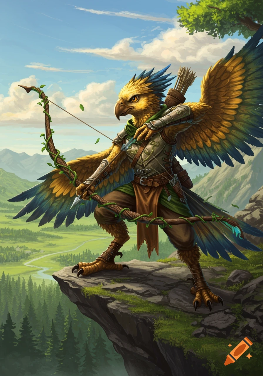 A majestic golden Aarakocra archer stands on a cliff, holding a vine-wrapped bow, overlooking a lush valley.