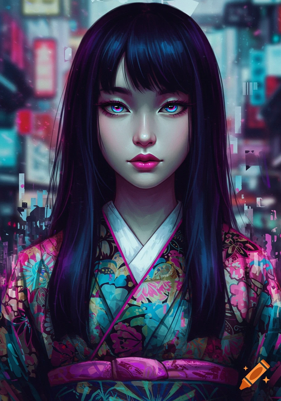 A stylized digital art portrait of a Japanese girl with black hair and glowing blue eyes, wearing a colorful floral kimono against a blurred neon city background.