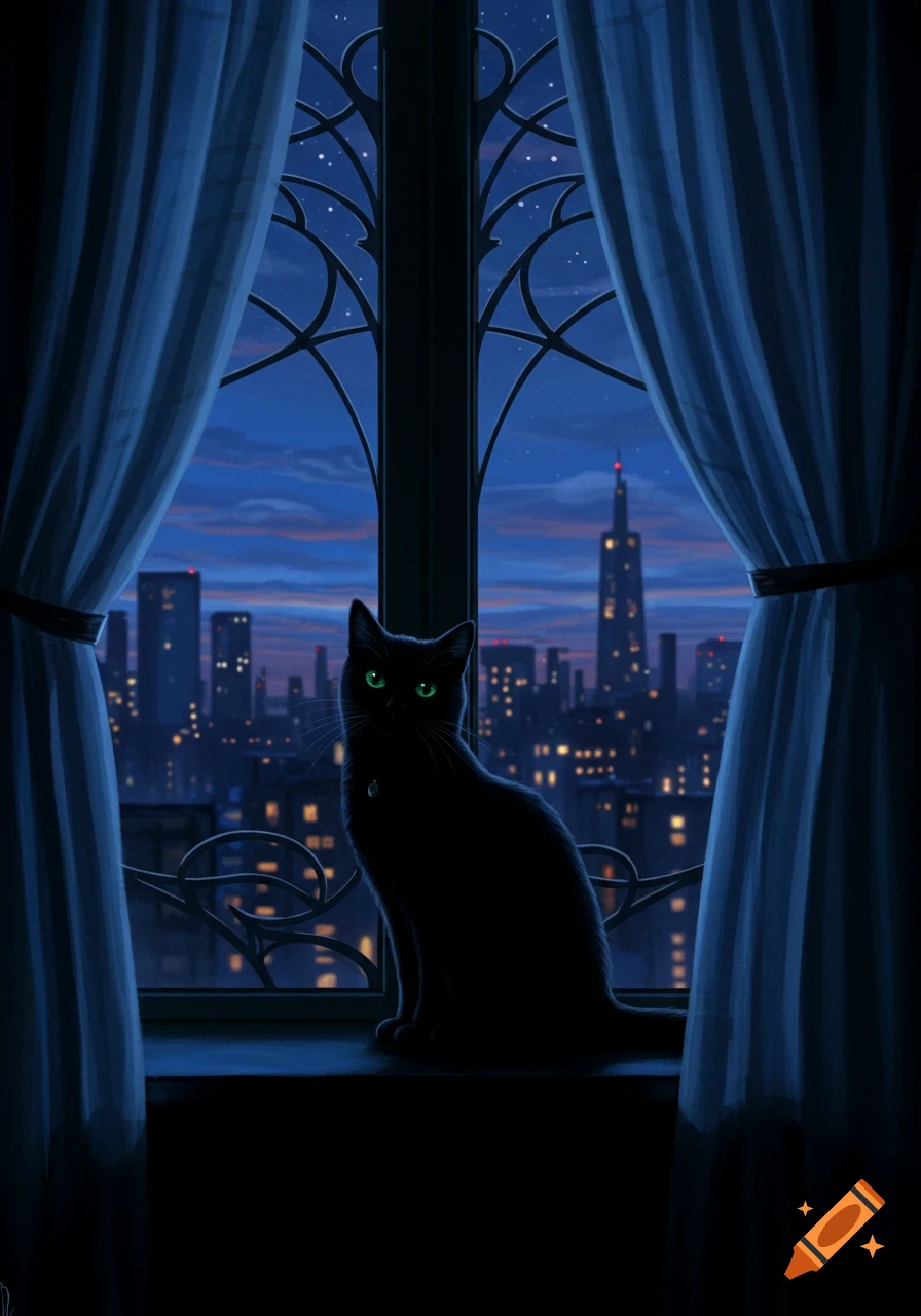 A black cat with glowing green eyes sits on a window sill, gazing at a dark city skyline at night, framed by blue curtains.