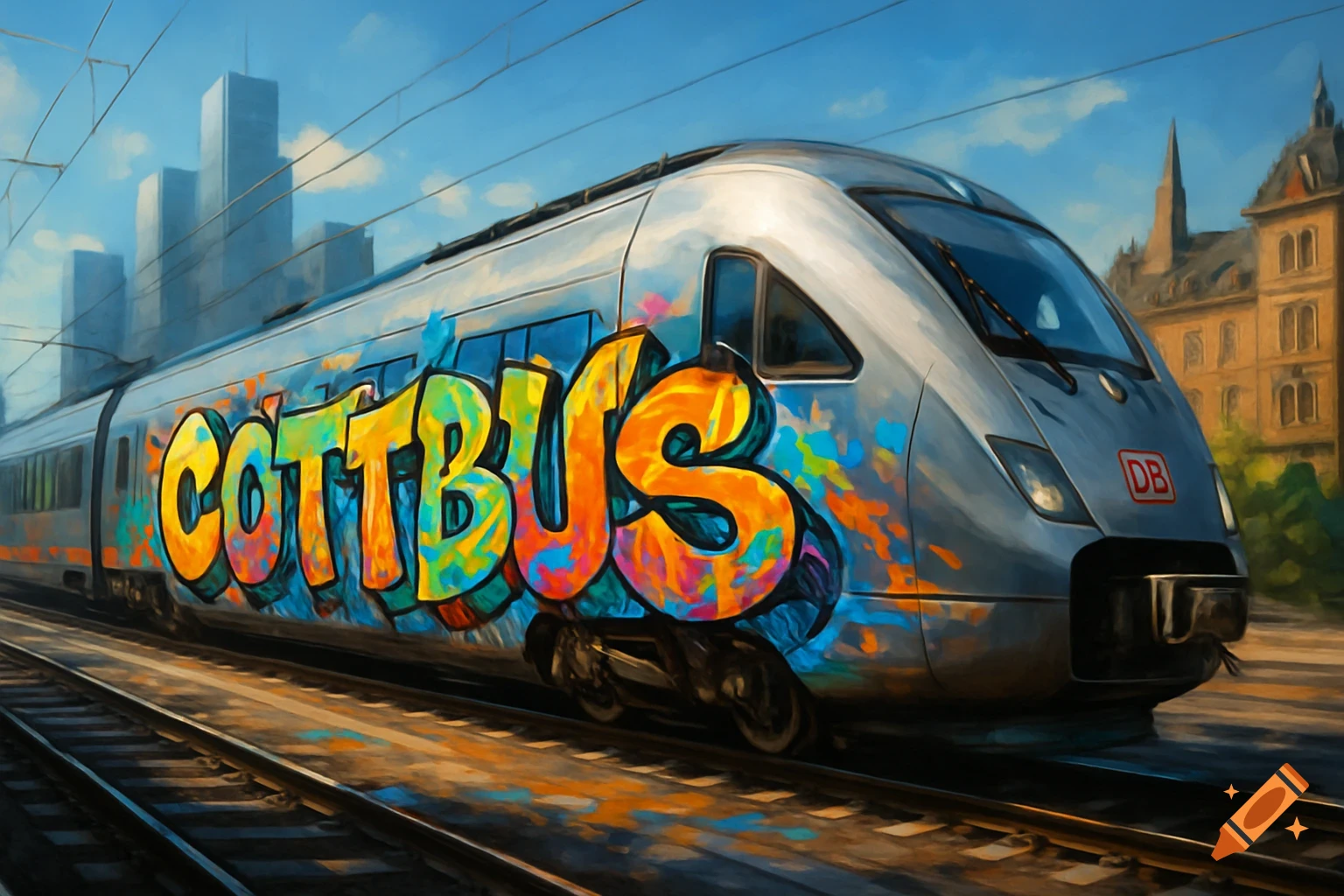 A modern silver train covered in colorful graffiti spelling 'COTTBUS' moves on tracks, with city buildings and a blue sky in the background, in a painterly style.