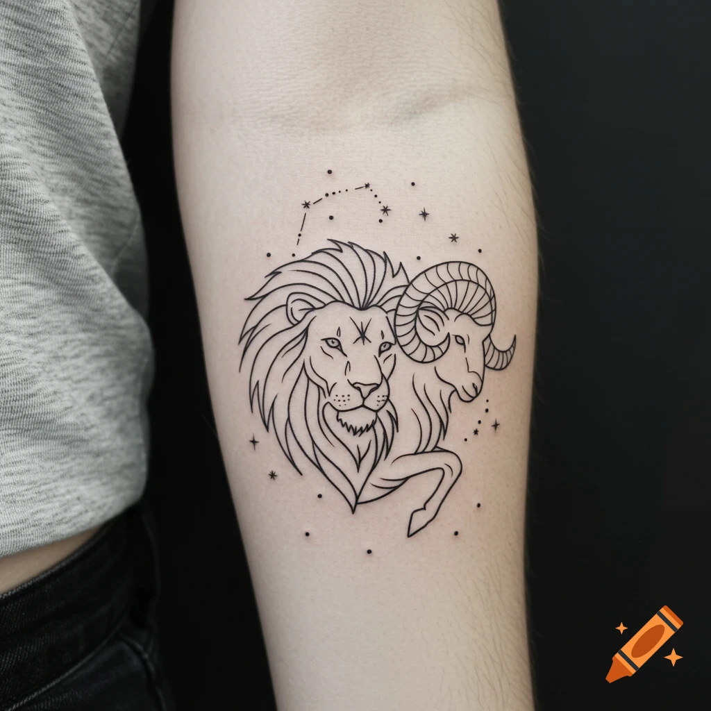 Minimalist line art tattoo of a lion head and a ram head, representing zodiac signs, with constellation dots on an arm.