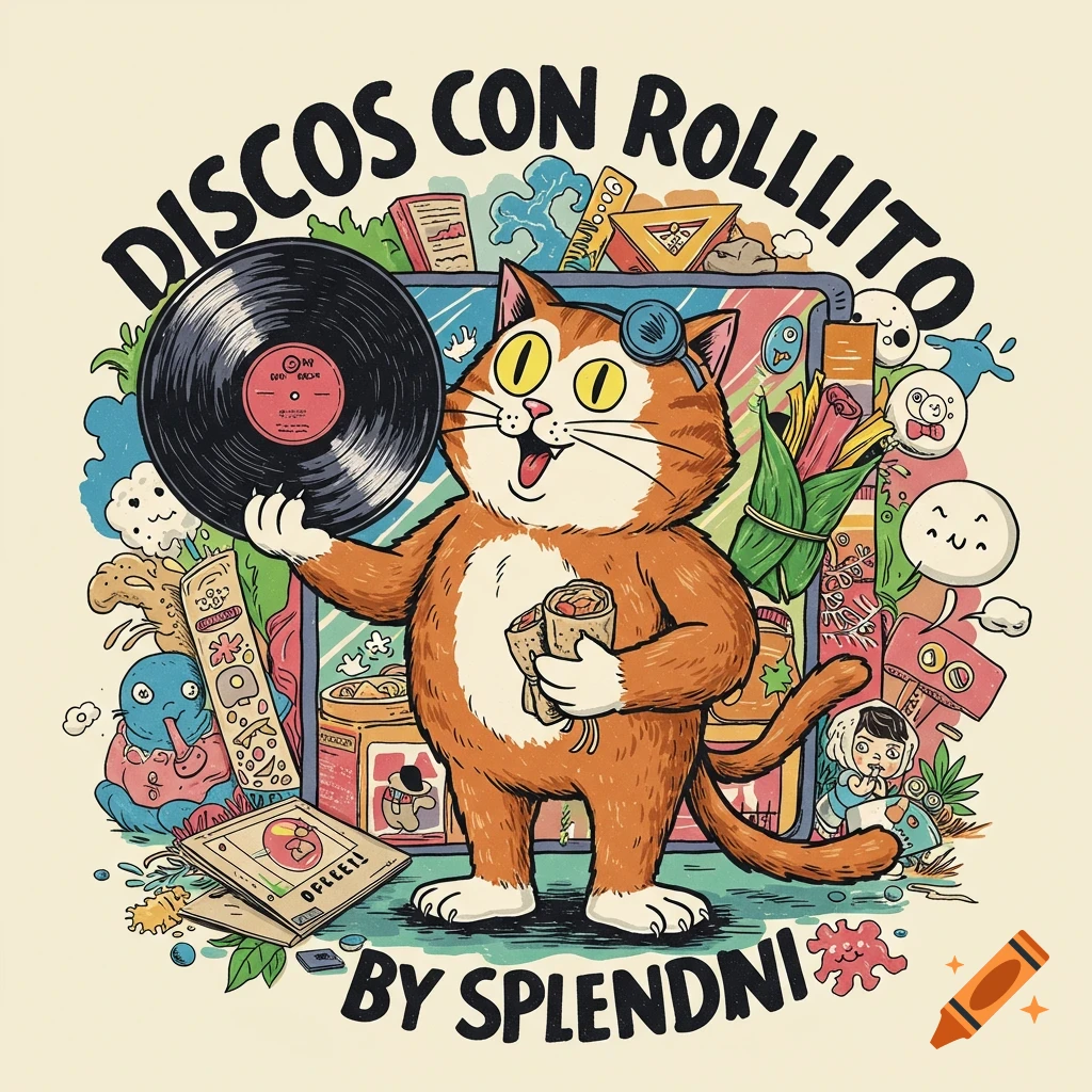 A happy orange cartoon cat wearing headphones holds a vinyl record and two Vietnamese rolls, surrounded by quirky objects in a vibrant cartoon style.