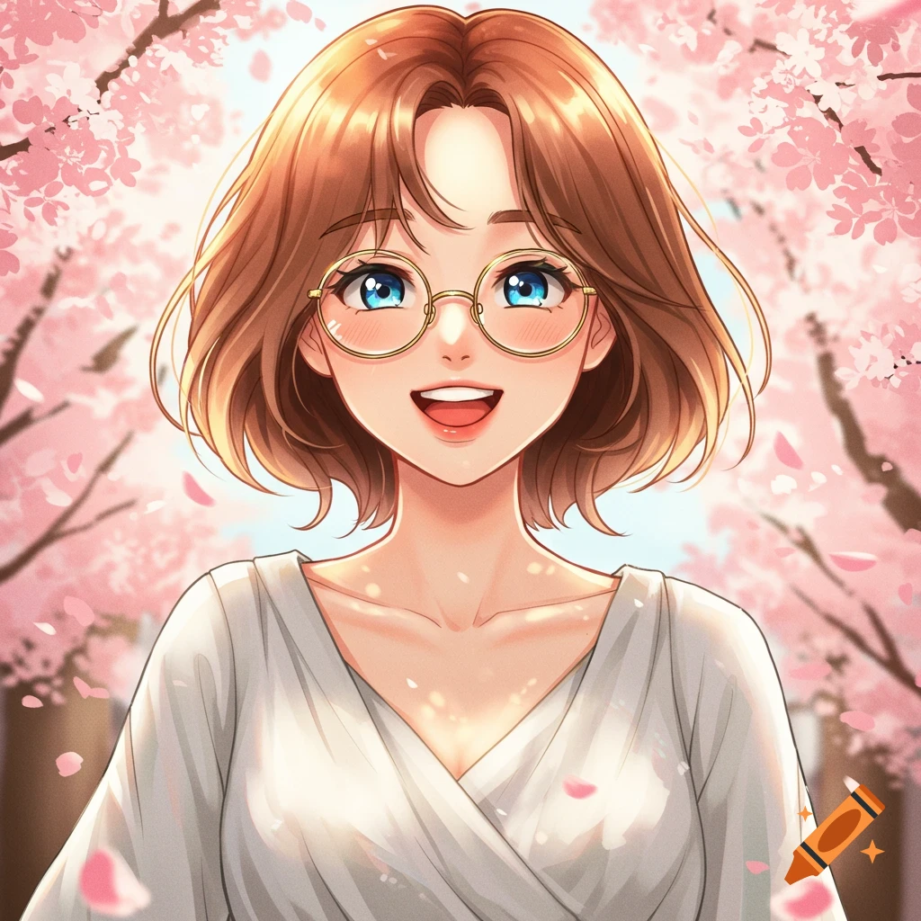 Anime style portrait of a smiling young woman with short brown hair and round glasses, surrounded by pink cherry blossoms.