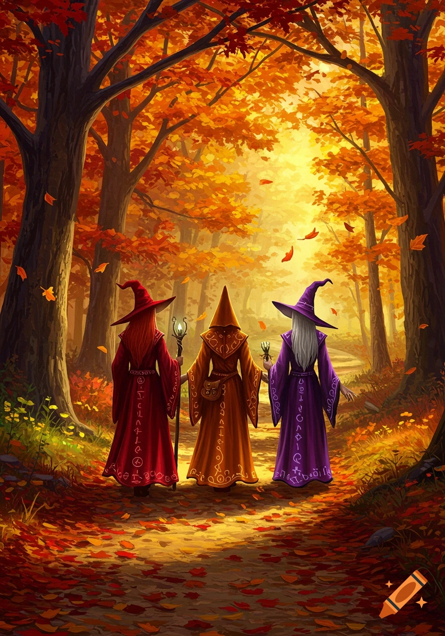 Three witches in colorful robes walk a path through an enchanted autumn forest with golden light, painted in a vibrant, detailed style.
