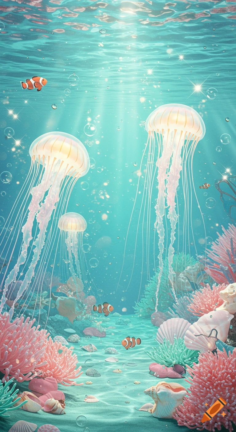 Dreamy underwater scene with glowing jellyfish, clownfish, coral, and seashells in pastel aqua and pink with sunlight beams.