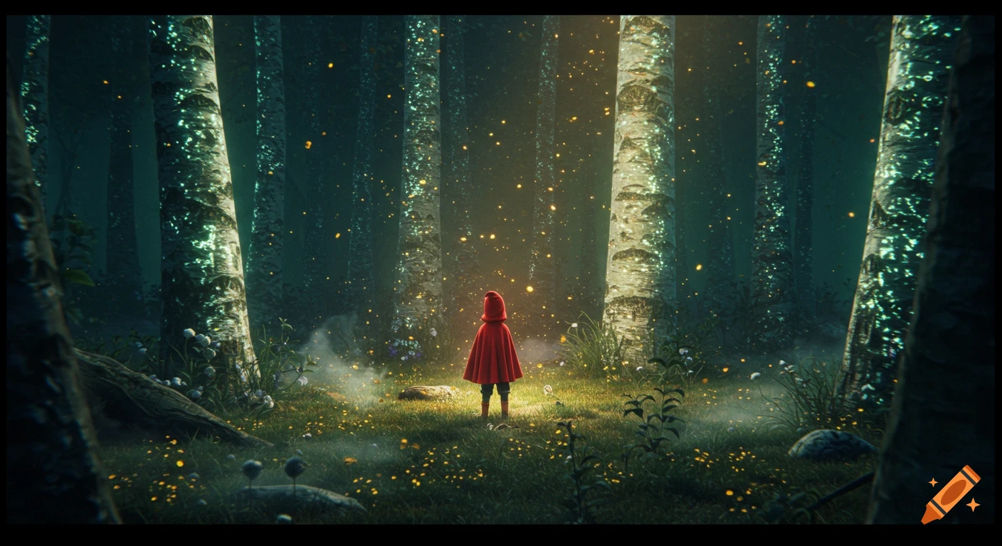 A child in a red cloak stands in a magical, misty forest with glowing trees and fireflies.