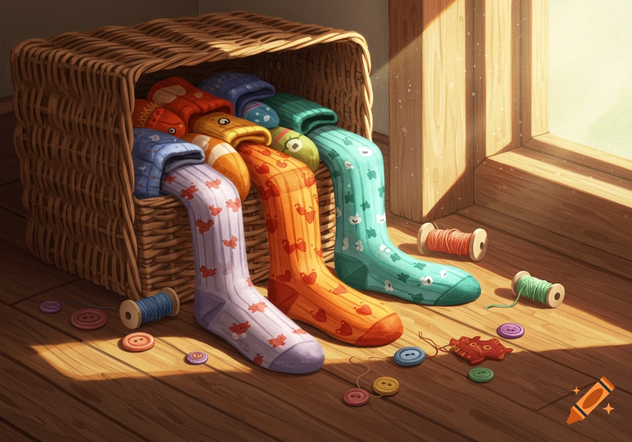 Whimsical illustration of a wicker basket overflowing with colorful patterned socks, spools of thread, and buttons on a sunlit wooden floor.