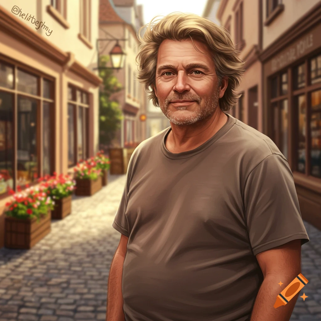 Digital painting of a smiling middle-aged man with wavy blonde hair and a beard, wearing a brown t-shirt, standing on a cobbled European street.