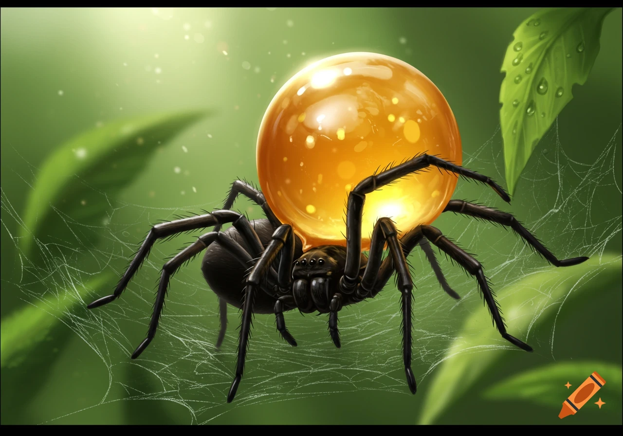 A large black spider with a glowing, translucent orange bulb of honey on its back, sits on a spiderweb amidst green leaves in a fantastical illustration.