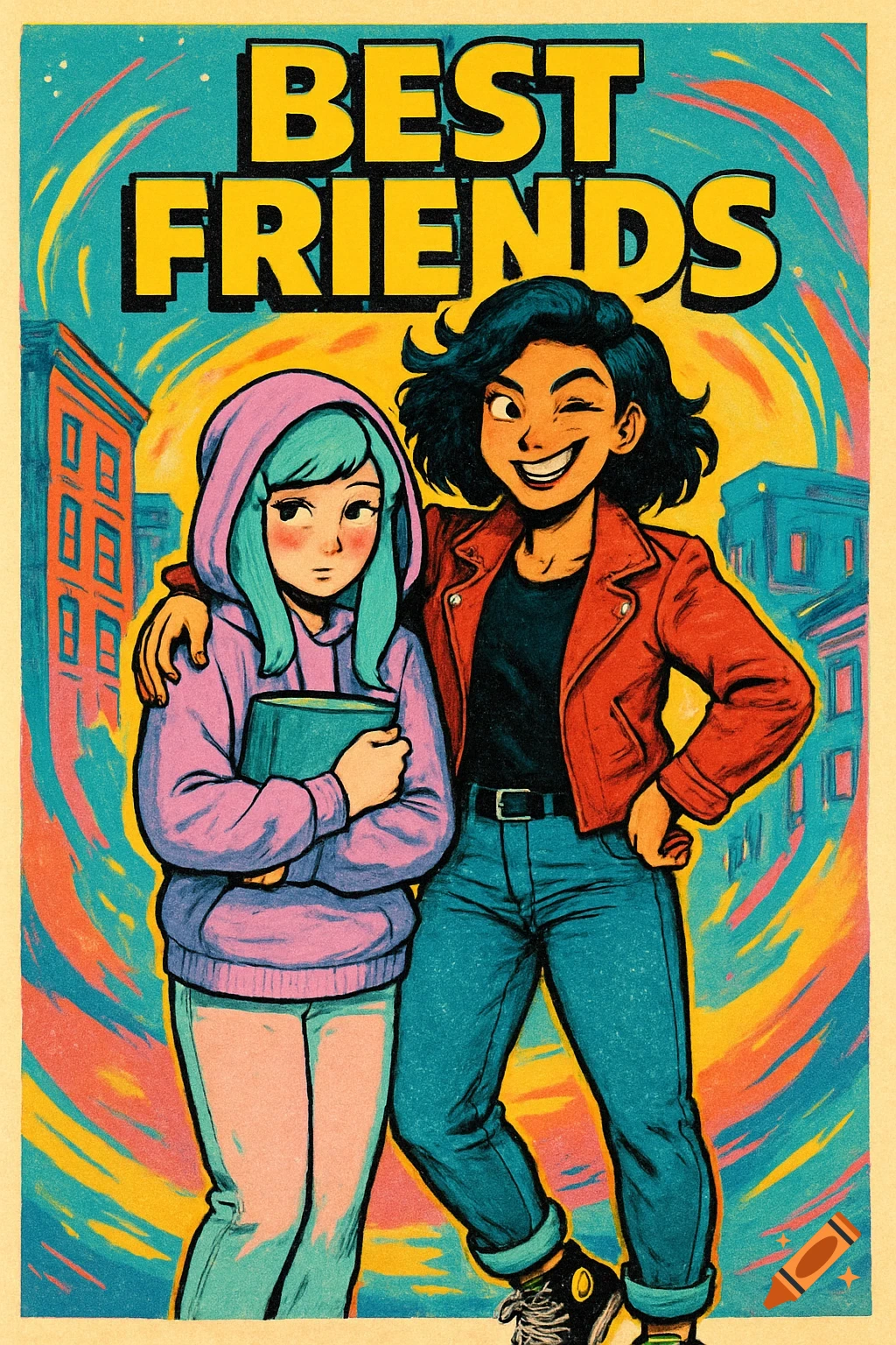 Comic book style image of two best friends. One winks in a red jacket, the other holds a book in a lavender hoodie. 'BEST FRIENDS' text.