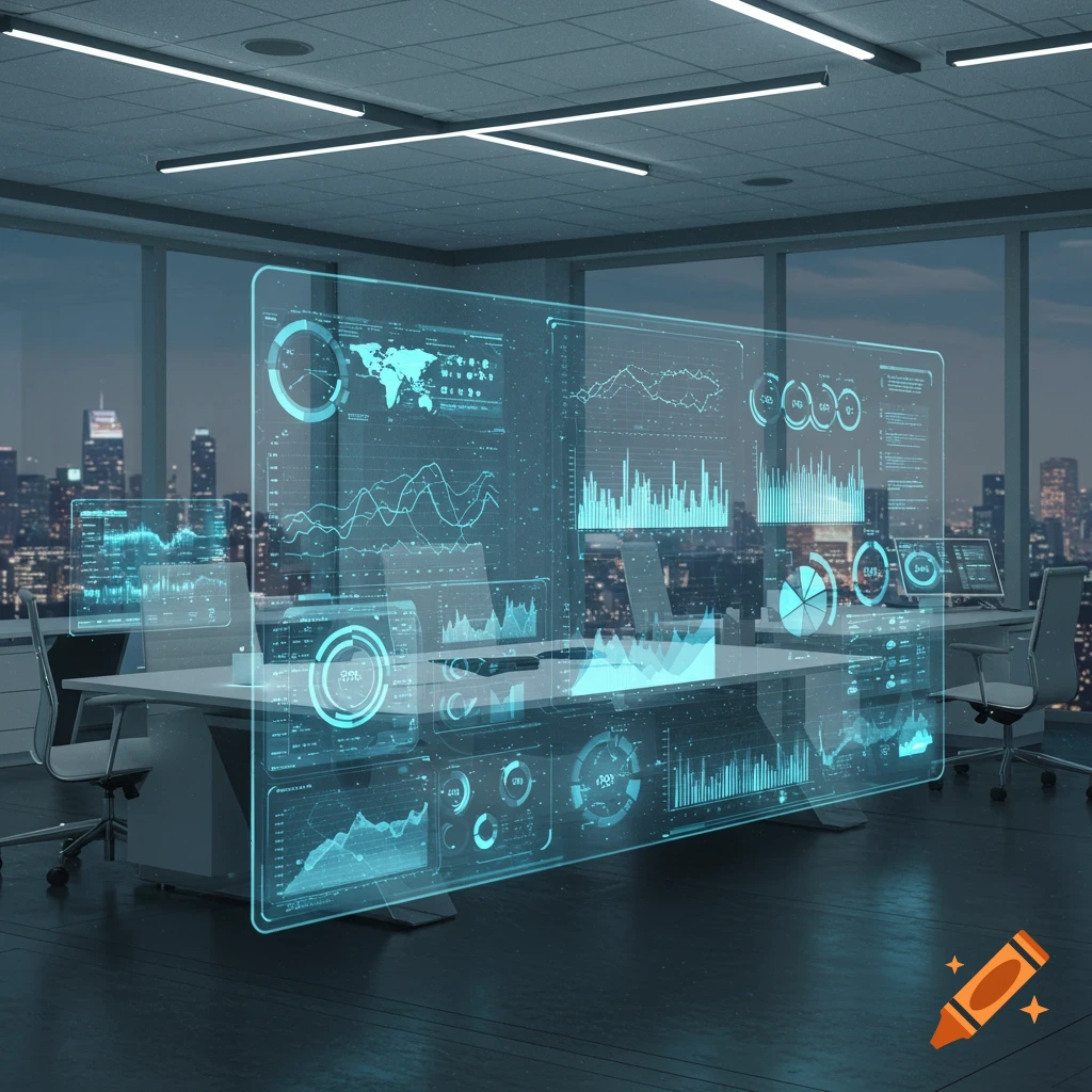 Modern office with a large, blue holographic data display showing graphs and charts, overlooking a city skyline at dusk.