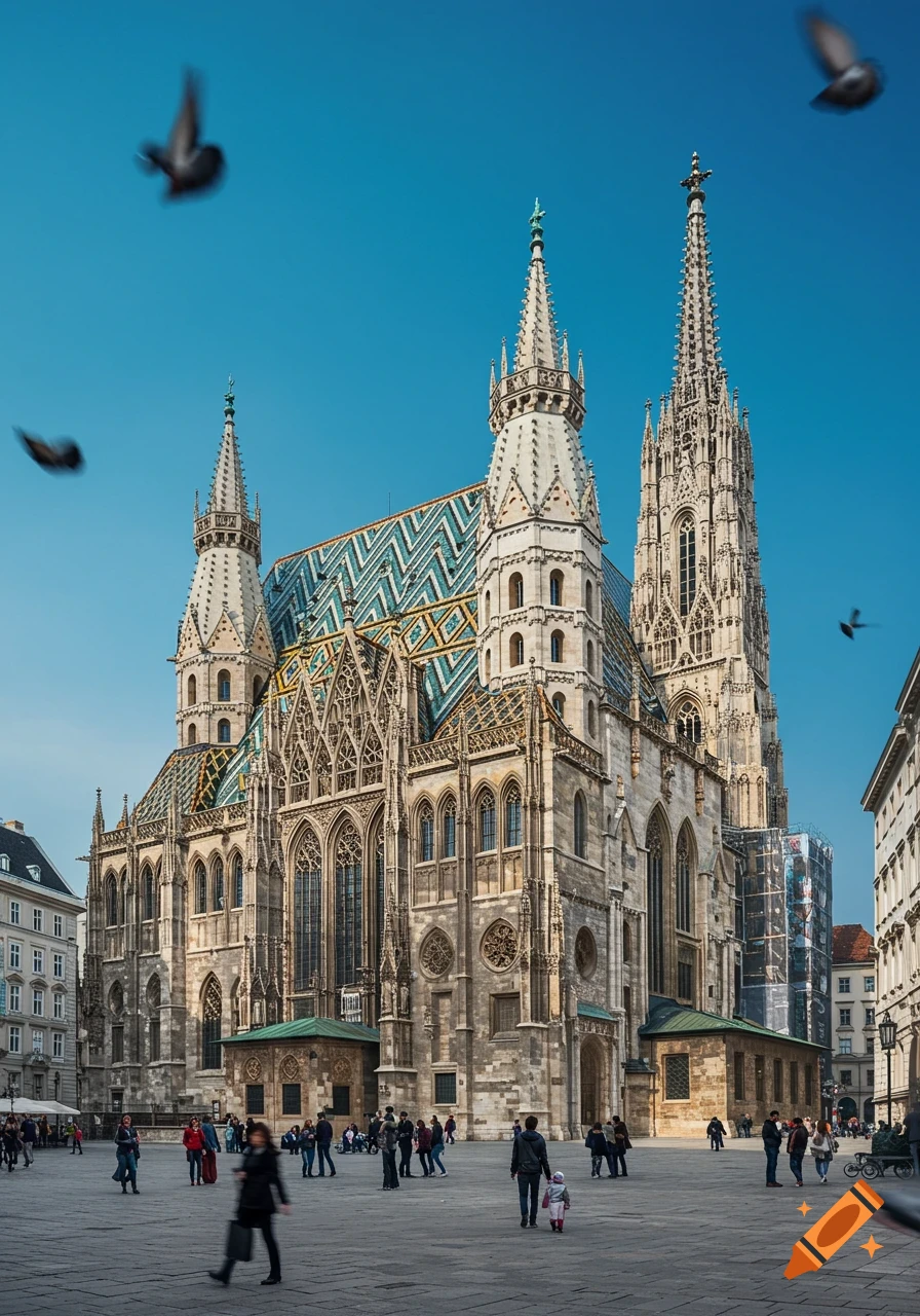 Photorealistic depiction of St. Stephen's Cathedral in Vienna with a colorful roof, surrounded by people in a sunny square.