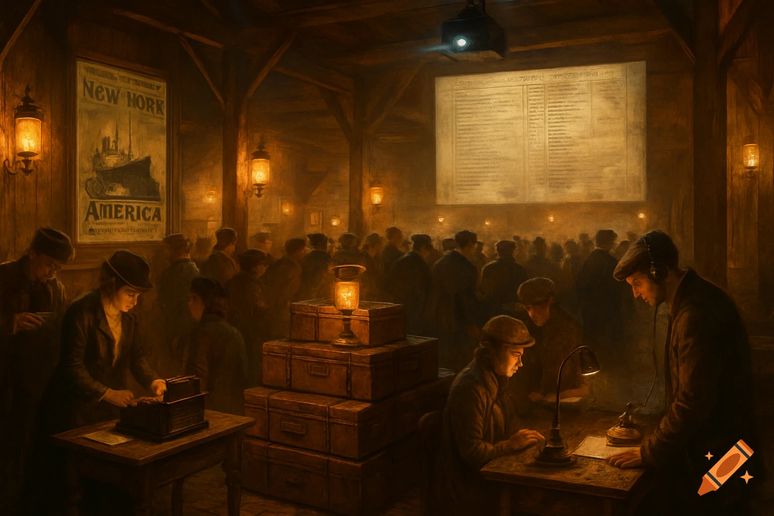 A dimly lit, crowded 1900s dockhouse with people, luggage, a 'New York America' poster, and a projected ship manifest.