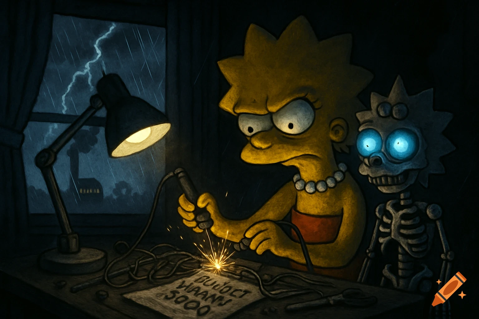 Lisa Simpson welds wires at a workbench next to a skeletal robot Maggie during a stormy night. Dark horror cartoon.