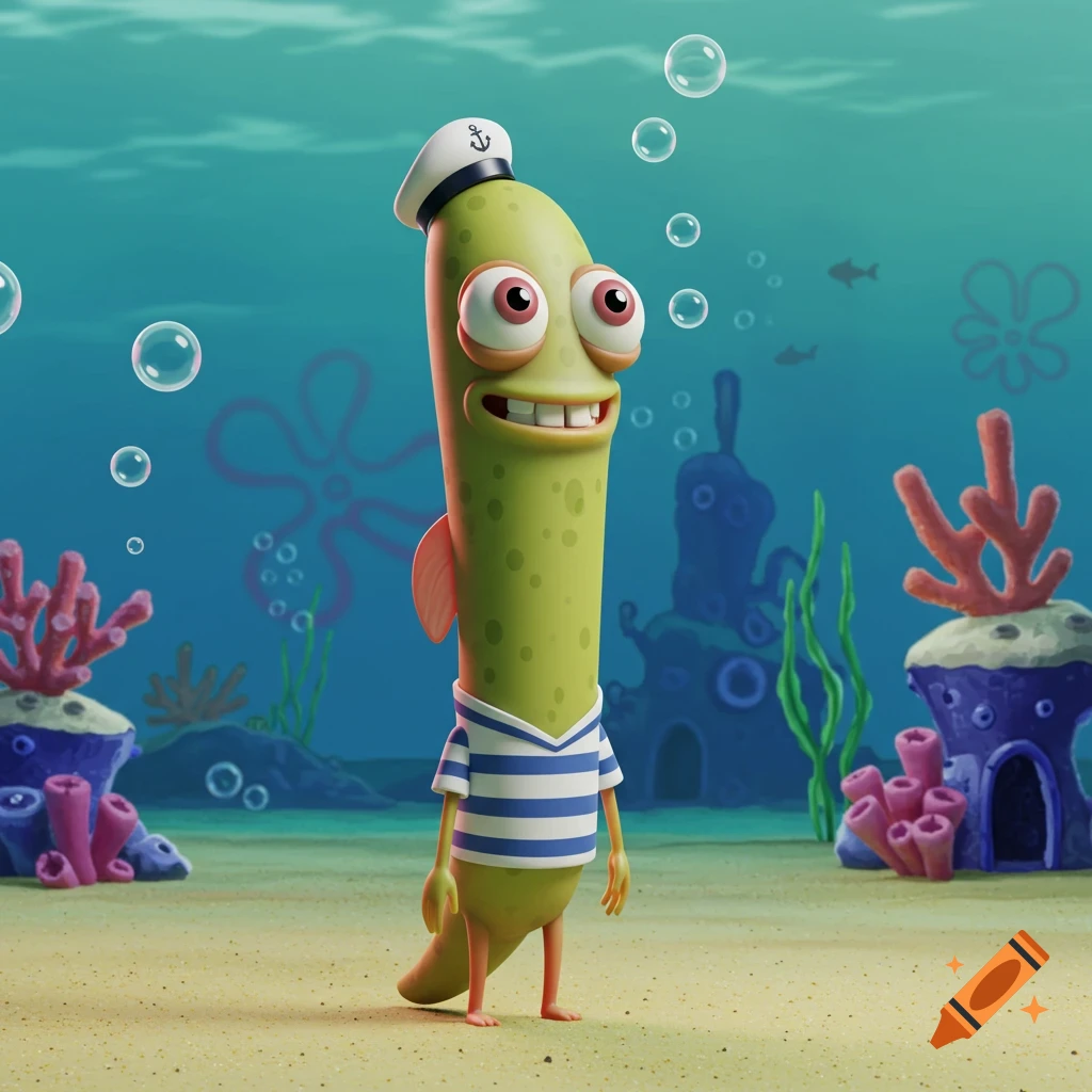A goofy 3D animated green fish with large eyes, wearing a sailor hat and striped shirt, stands on the sandy ocean floor.