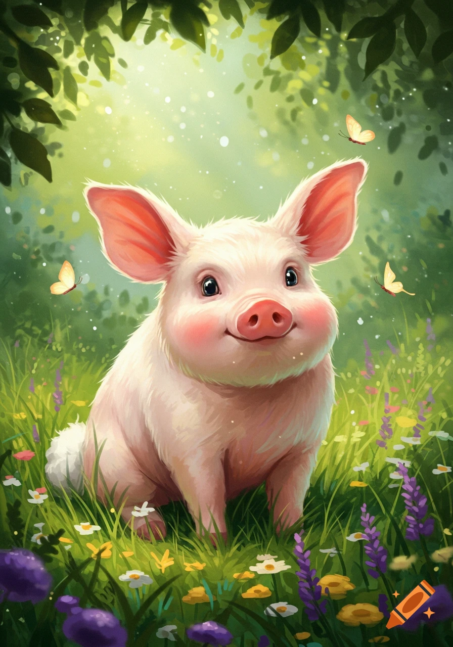 A cute, smiling cartoon pig with rosy cheeks sits in a field of colorful wildflowers under dappled sunlight.
