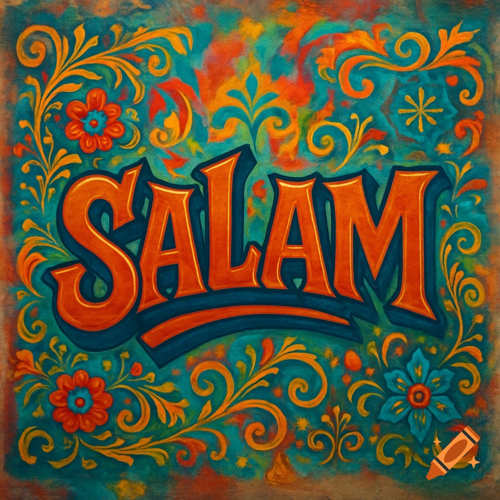 Colorful decorative art featuring the word 'SALAM' in orange block letters with blue outlines, surrounded by intricate floral and scrollwork designs on a teal and orange textured background.