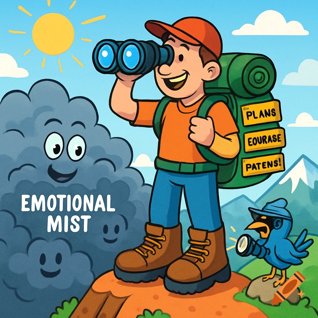Cartoon hiker with binoculars looks at a smiling cloud monster. A bird with sunglasses holds a flashlight nearby.