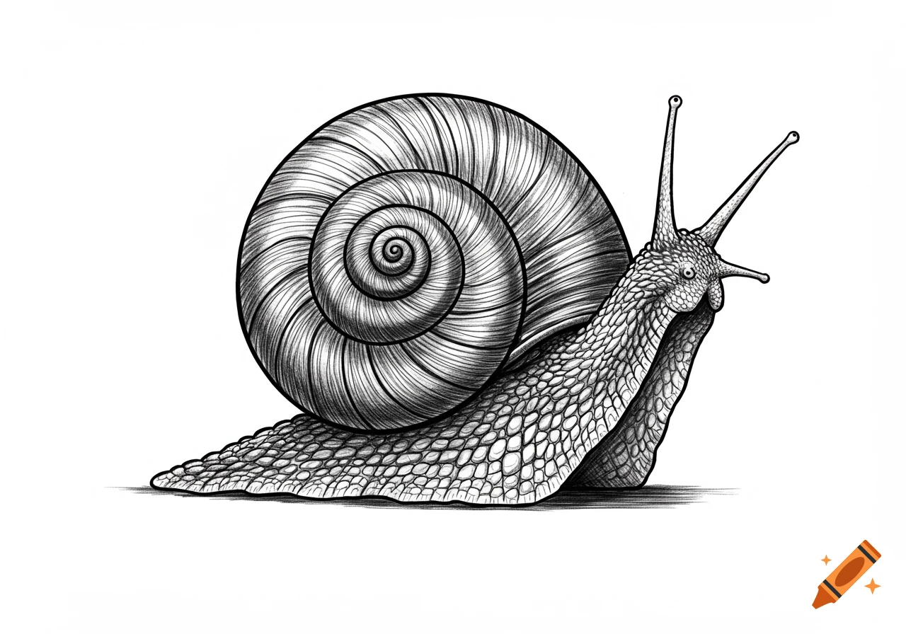 Detailed black and white line drawing of a snail with a textured shell and body.