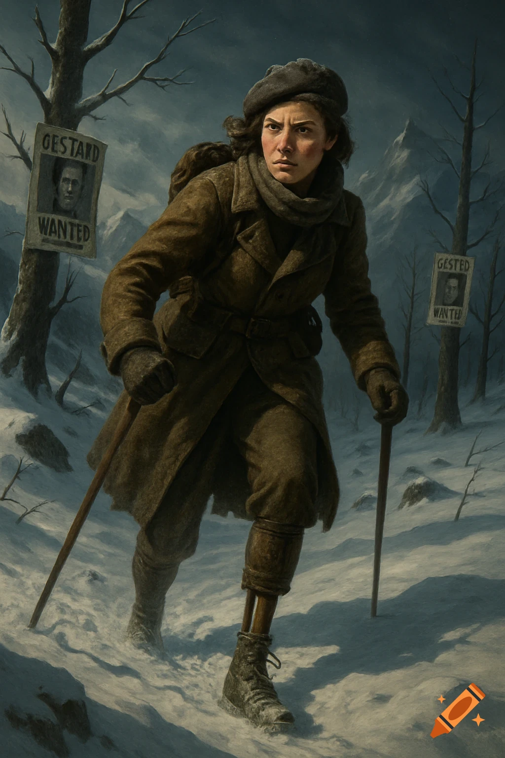 A determined female spy with a prosthetic leg, in 1940s clothing, traverses snowy mountains with wanted posters on trees.