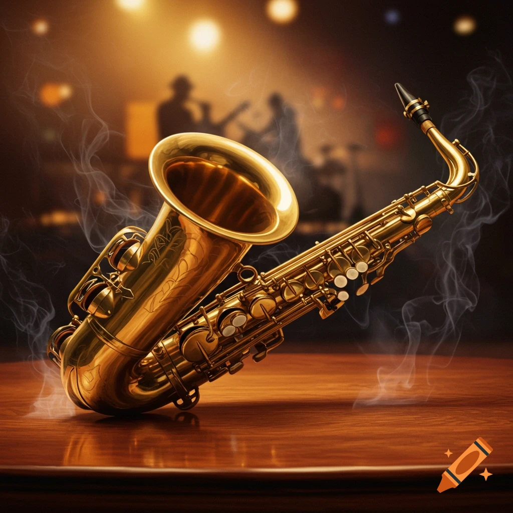 A golden saxophone rests on a wooden bar counter in a dimly lit jazz club with silhouetted musicians in the background.