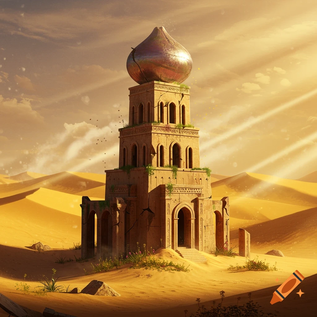 An abandoned, three-level fantasy desert temple with an onion-like sphere top stands amidst sunlit sand dunes.