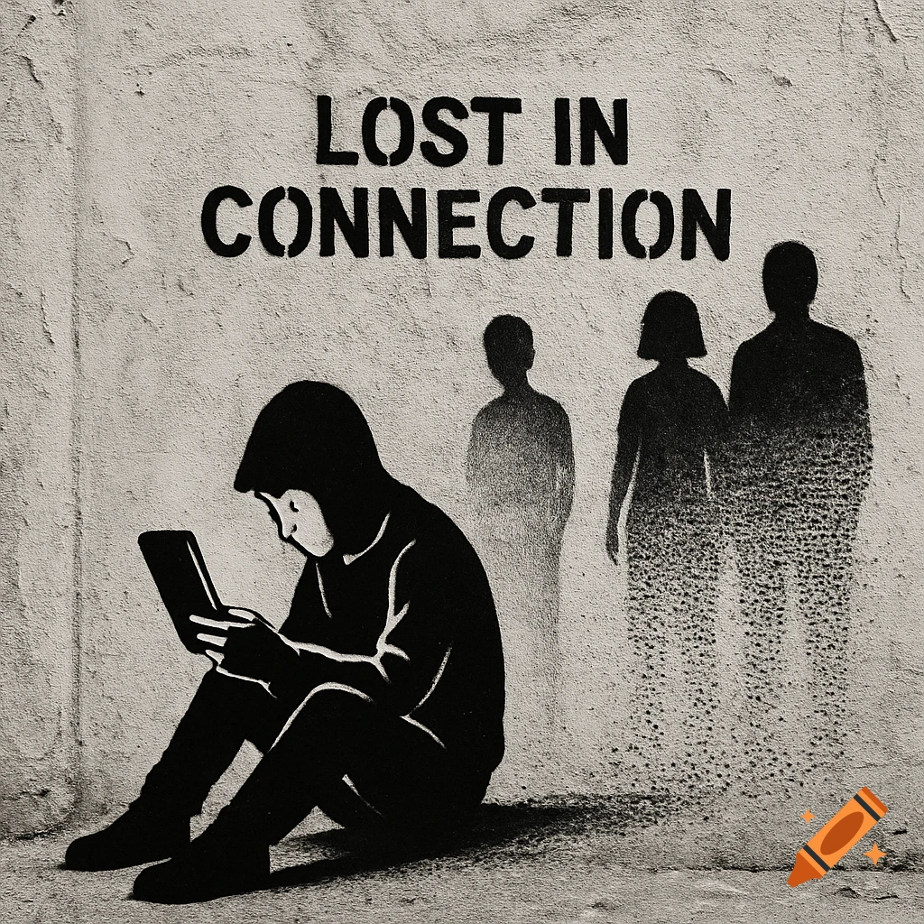 Black and white street art of a hooded figure absorbed in a tablet, while three background figures fade into dust. Text reads "LOST IN CONNECTION".