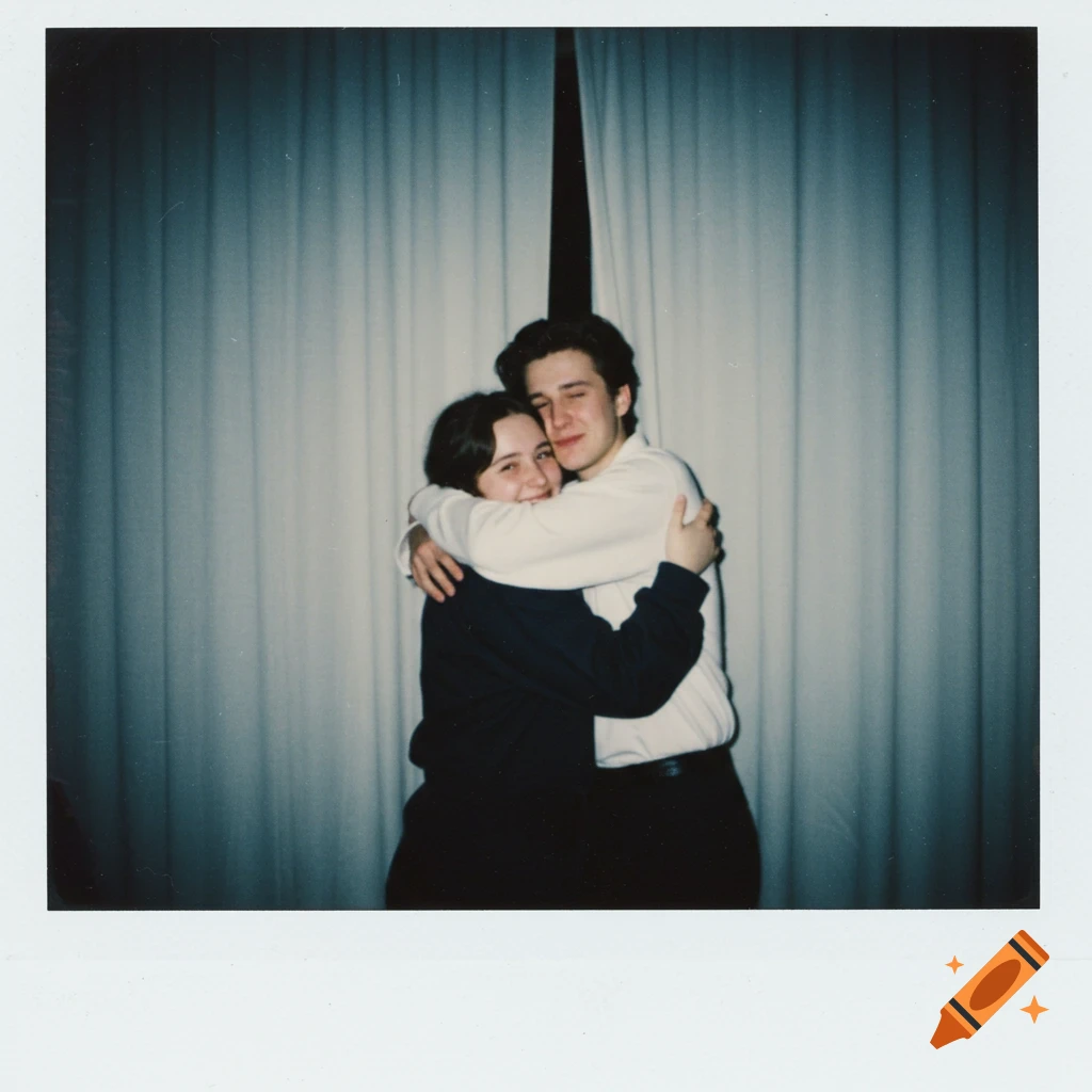 A vintage Polaroid photo showing two people embracing in front of white curtains.