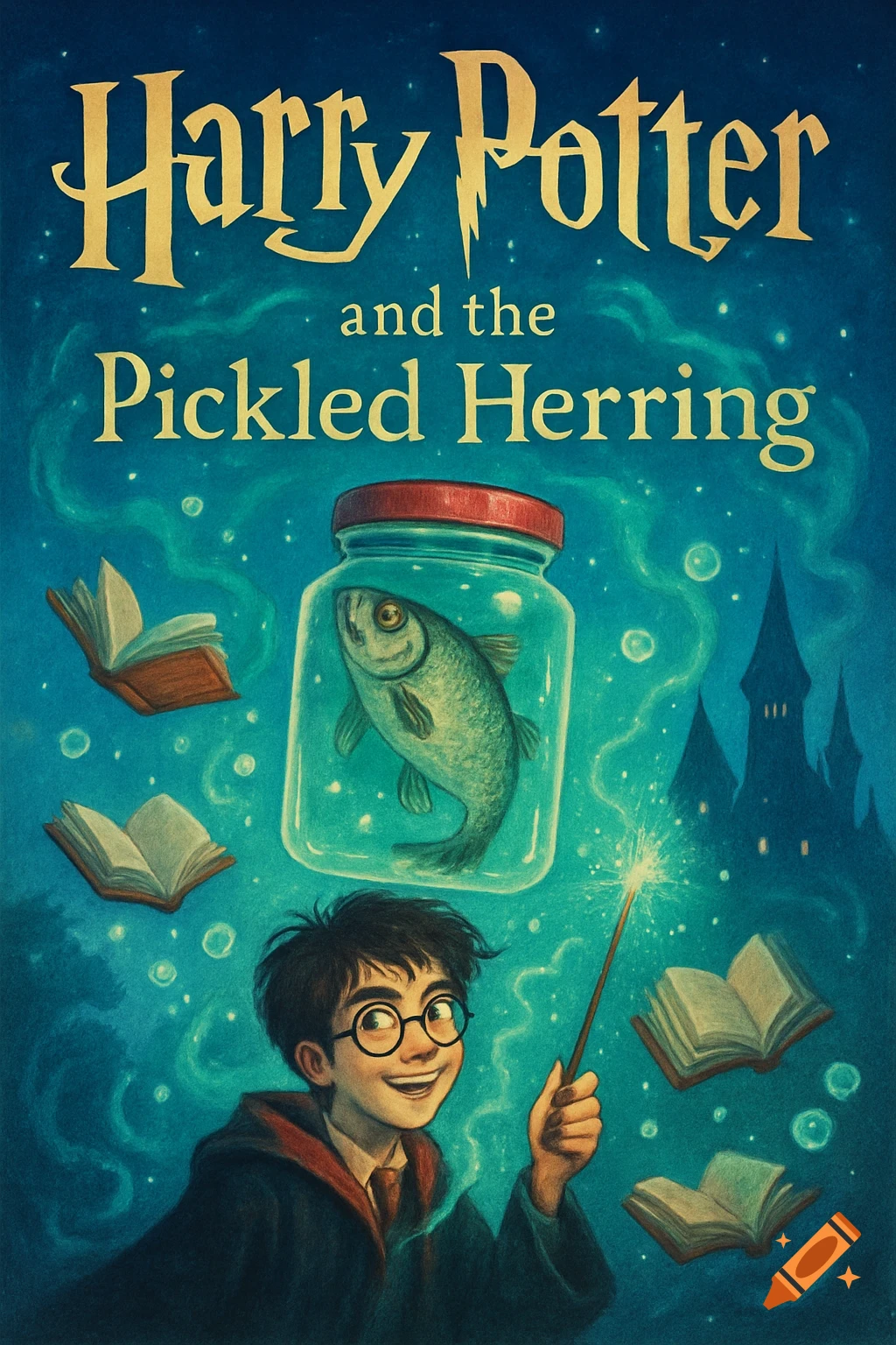 Illustrated book cover showing Harry Potter with a glowing wand, looking at a fish in a jar and floating books under a night sky with a castle.