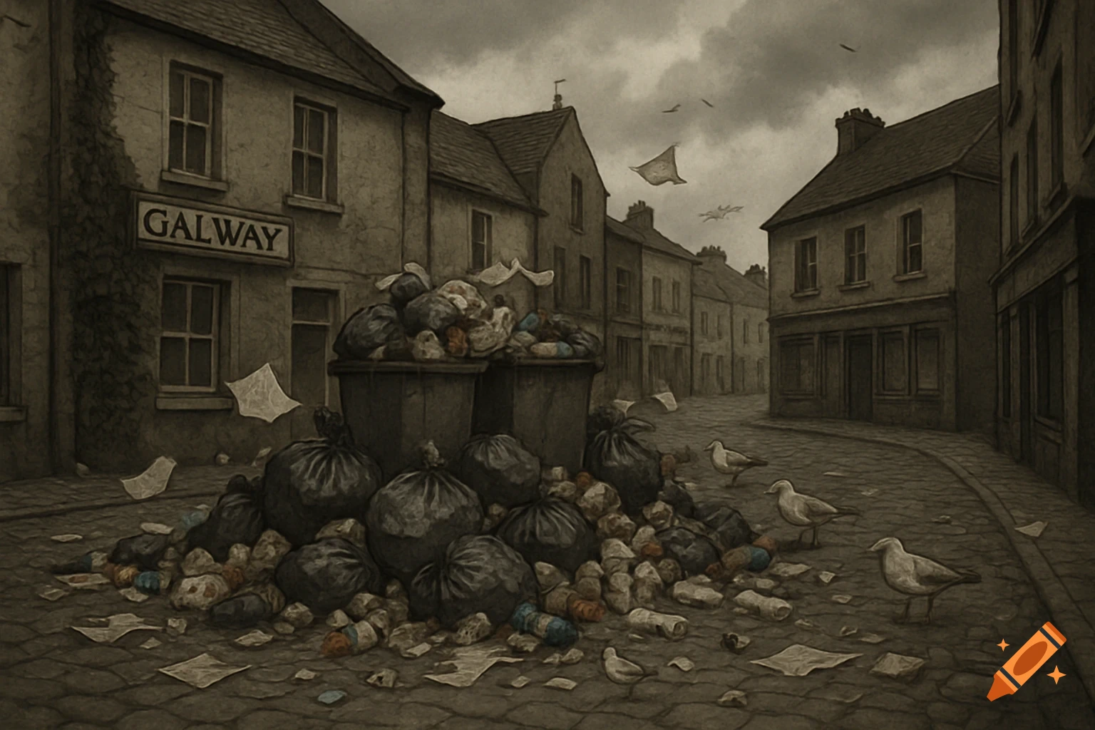 Gritty urban street with overflowing garbage, scattered trash, seagulls, and old buildings with a 'GALWAY' sign.