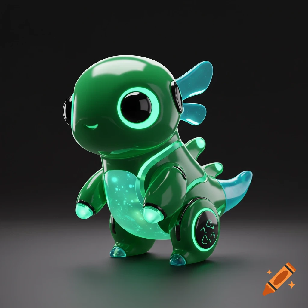 A cute, glowing green and blue futuristic robot creature with smooth curves and a recycling symbol on its leg, against a dark background.