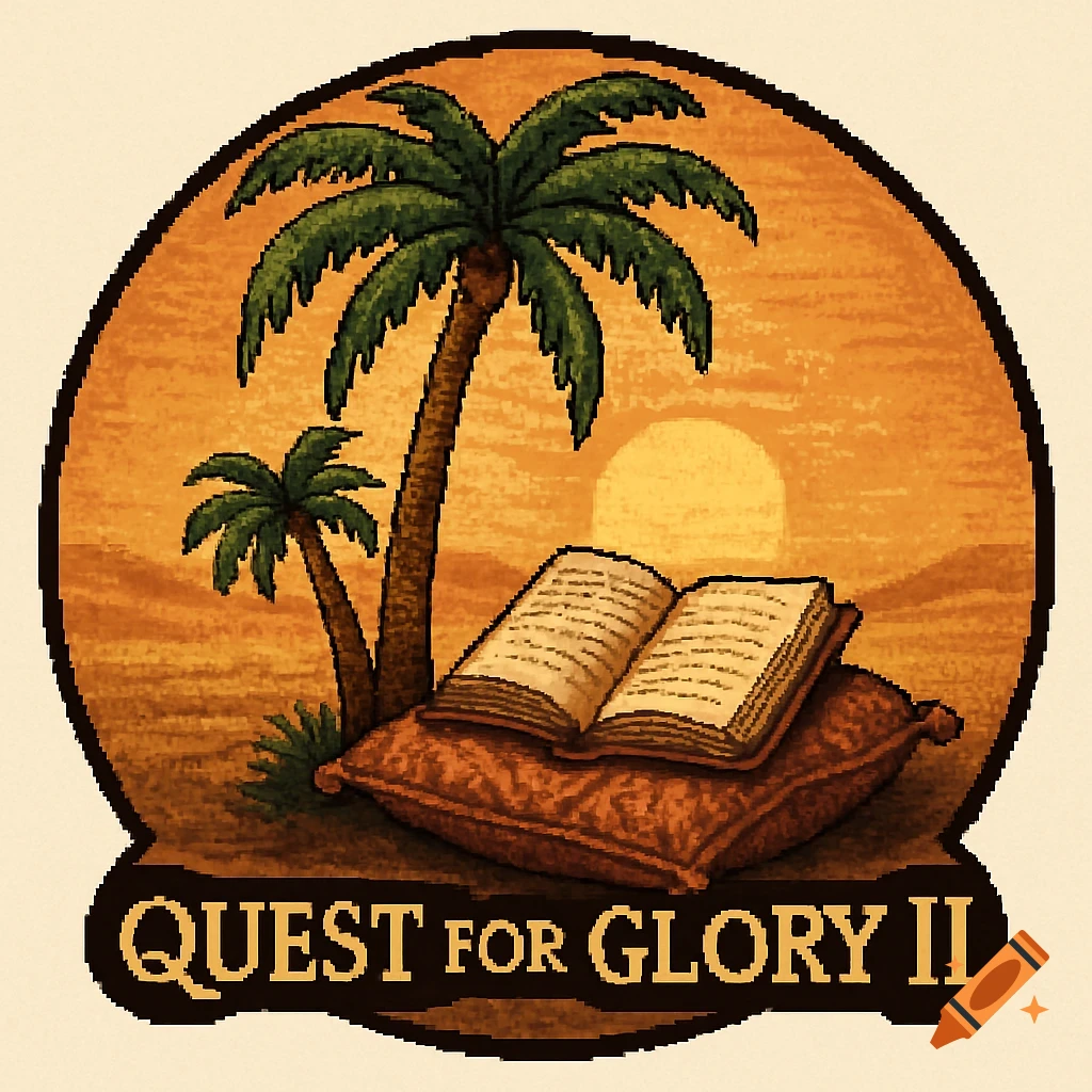 Pixel art logo: two palm trees, an open book on a pillow in a desert sunset. Text reads 'QUEST for GLORY II'.