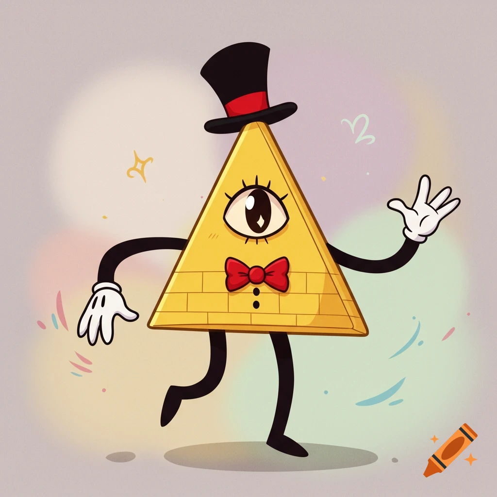 A cartoon golden triangle character with one eye, a top hat, a red bowtie, black arms with white gloves, and black legs, posing on a pastel background.