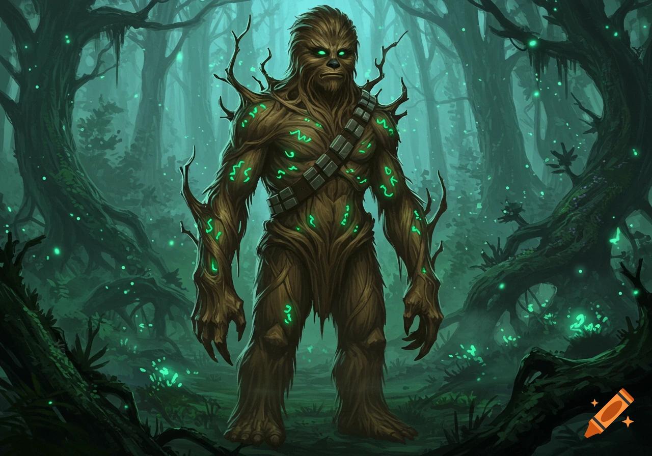 A tree-like Wookie with glowing green mystical symbols on its body stands in a dark, misty forest, digital art.