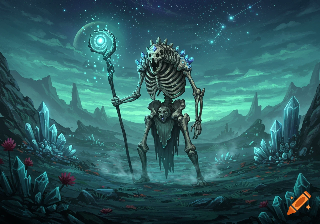 An armored skeleton wizard holding a glowing staff stands in a crystal-filled alien landscape under a starry night sky.
