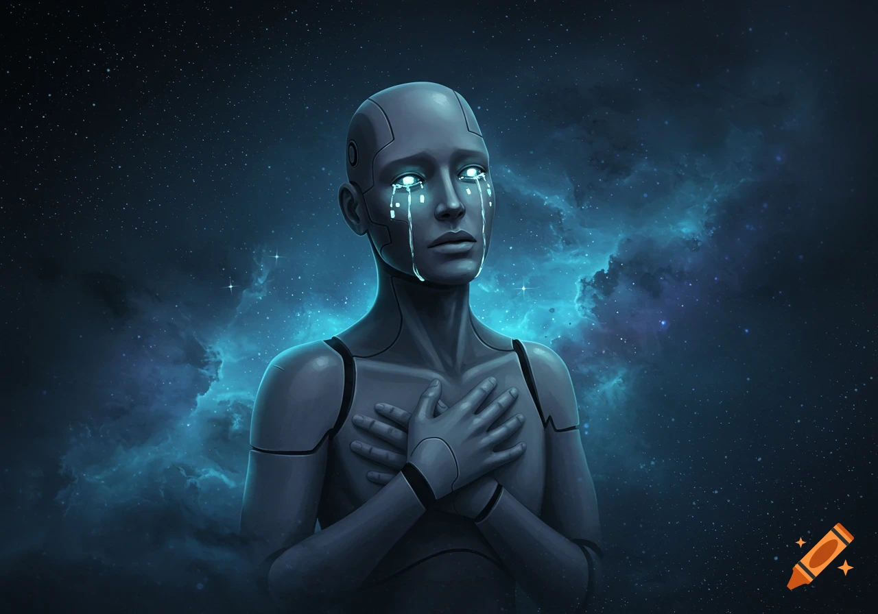 Digital art of a crying grey robot with glowing blue tears, hands clasped over its chest, set against a dark starry nebula background.
