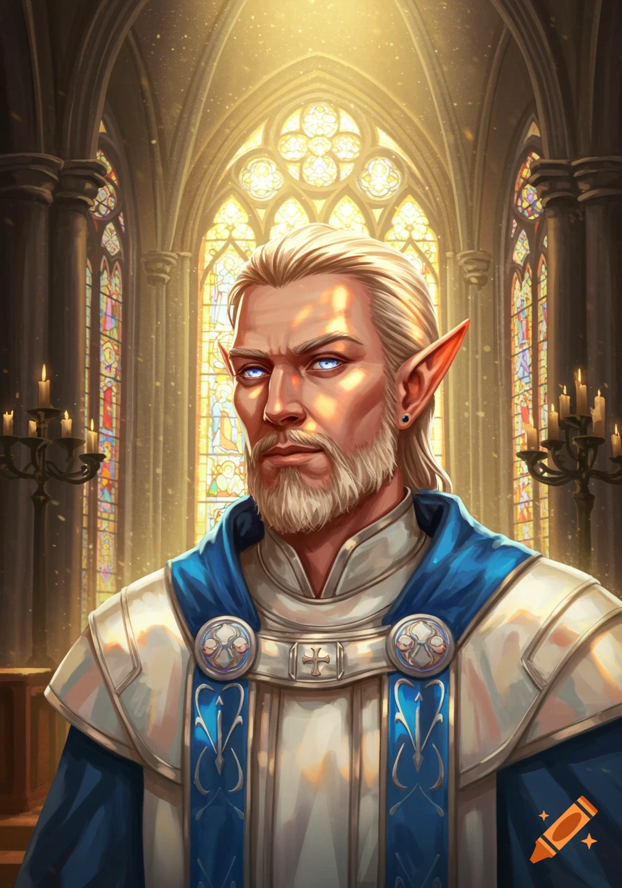 Male half-elf cleric with a light beard and glowing blue eyes, in ornate blue and white robes, in a grand cathedral with stained glass windows.