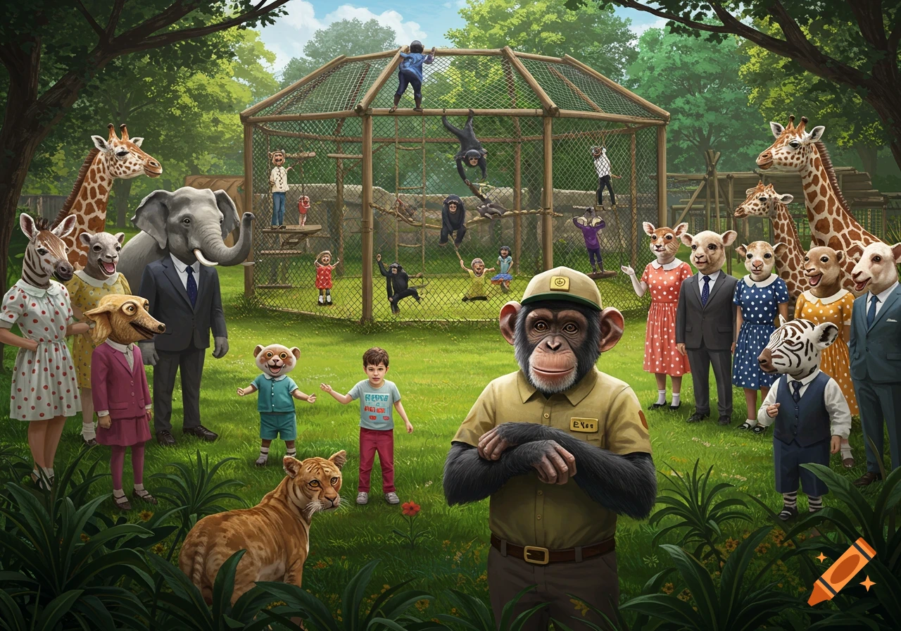 Humans in a zoo enclosure act like chimps, observed by anthropomorphic animals and a chimp zookeeper.