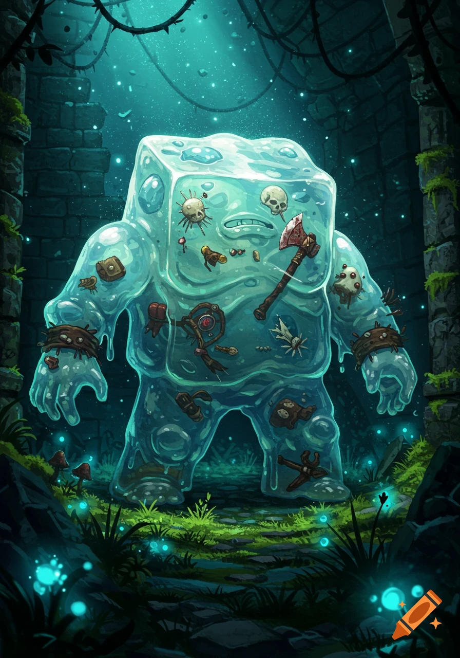 A translucent, teal, cube-shaped monster with items like skulls and an axe trapped inside, stands in a glowing, mossy dungeon. Fantasy art.
