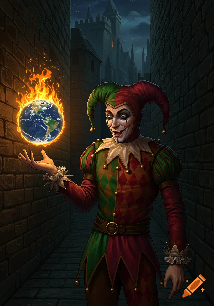 A jester in a red and green costume holds a flaming Earth globe in a dark medieval alley, smiling unsettlingly.