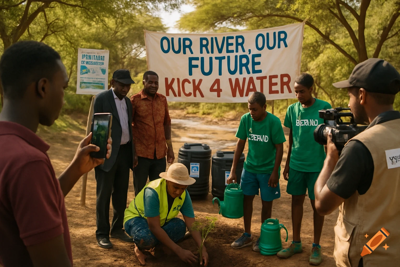 A hopeful scene in rural Kenya shows people planting saplings and organizing water containers, with a banner that reads 'OUR RIVER, OUR FUTURE KICK 4 WATER'.