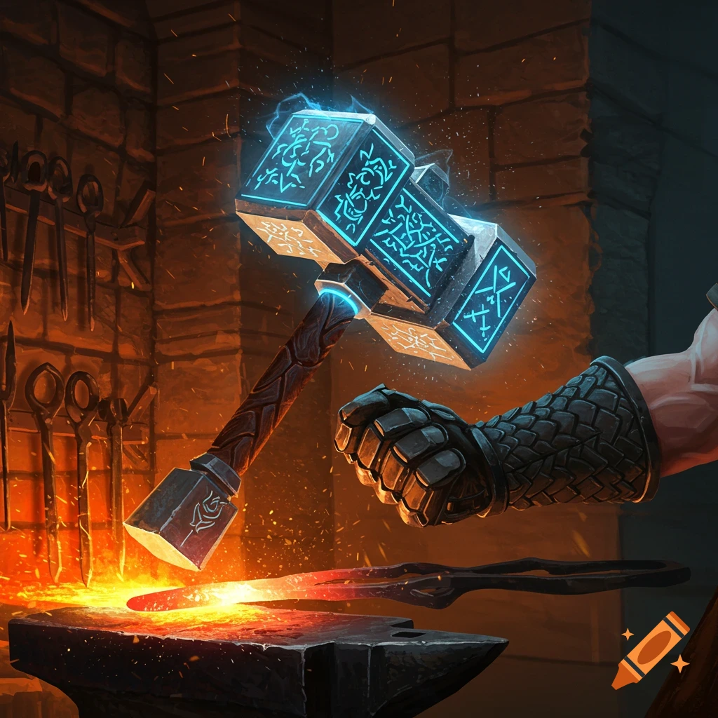 A glowing magical hammer with blue runes strikes a fiery ingot on an anvil in a dark blacksmith forge, held by an armored hand.
