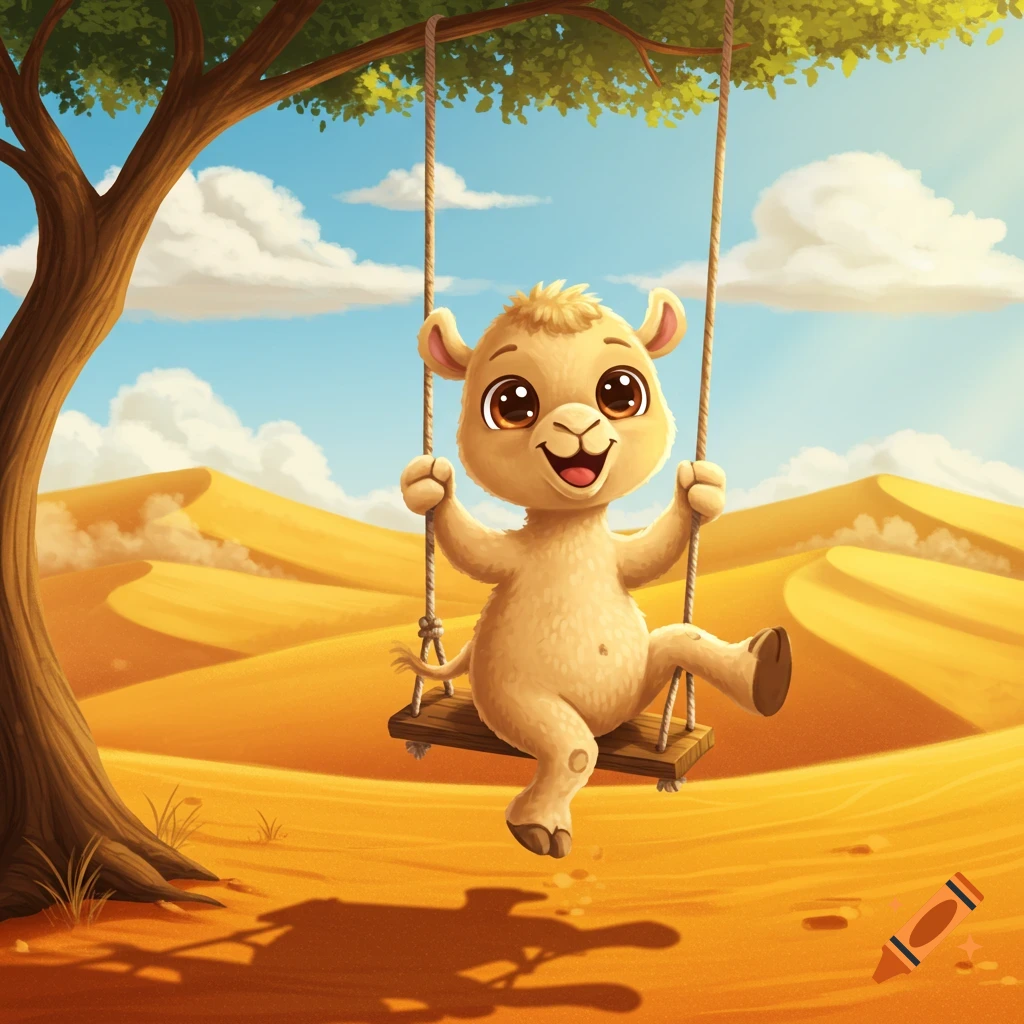A happy cartoon baby camel swings on a wooden swing under a green tree in a sunny desert with dunes.
