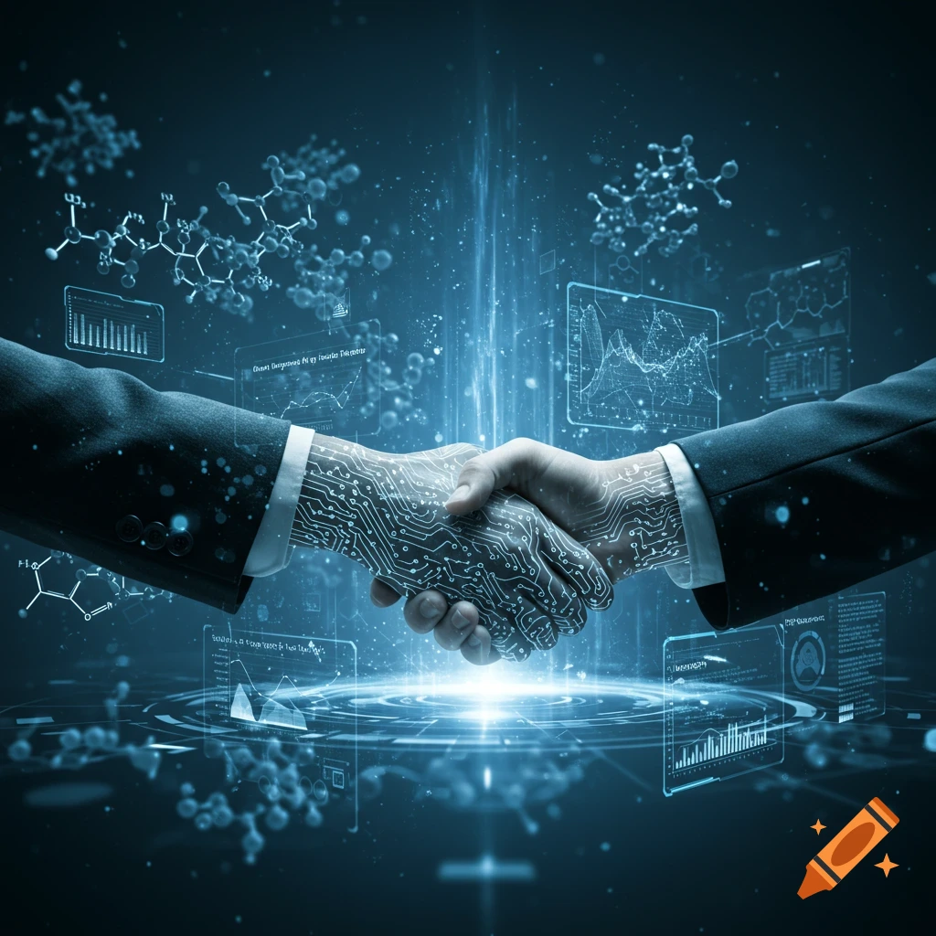 Two hands, one with circuit patterns, shake against a dark blue background with glowing digital interfaces and molecular structures.