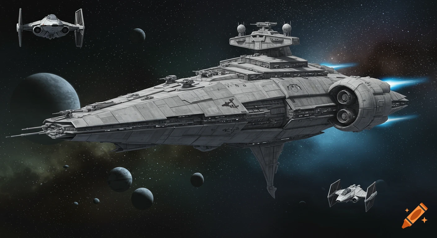 A large gray starship with blue thrusters in deep space, flanked by two smaller white escort fighters, with planets and stars in the background.