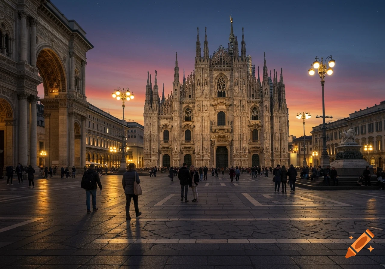 Photorealistic view of Milan Cathedral and Galleria Vittorio Emanuele II at dusk, warm lights illuminate the piazza with people.