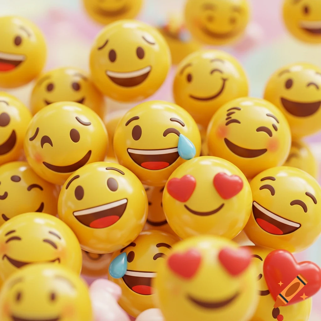 A pile of yellow 3D emojis with various expressions, including winking, heart eyes, and crying.